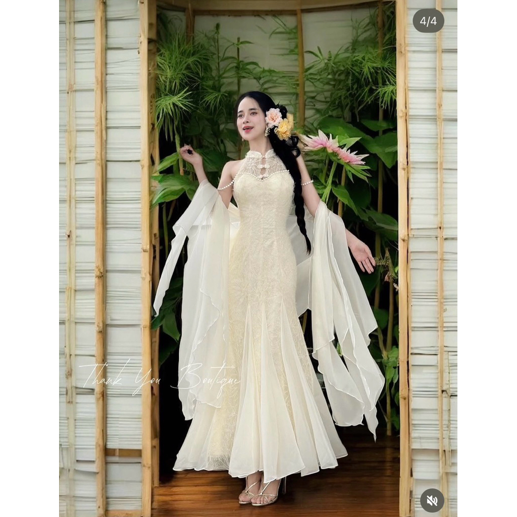 NEW| Váy thiết kế sườn xám lông vũ nhà Thanh Kiều tặng áo choàng | BigBuy360 - bigbuy360.vn