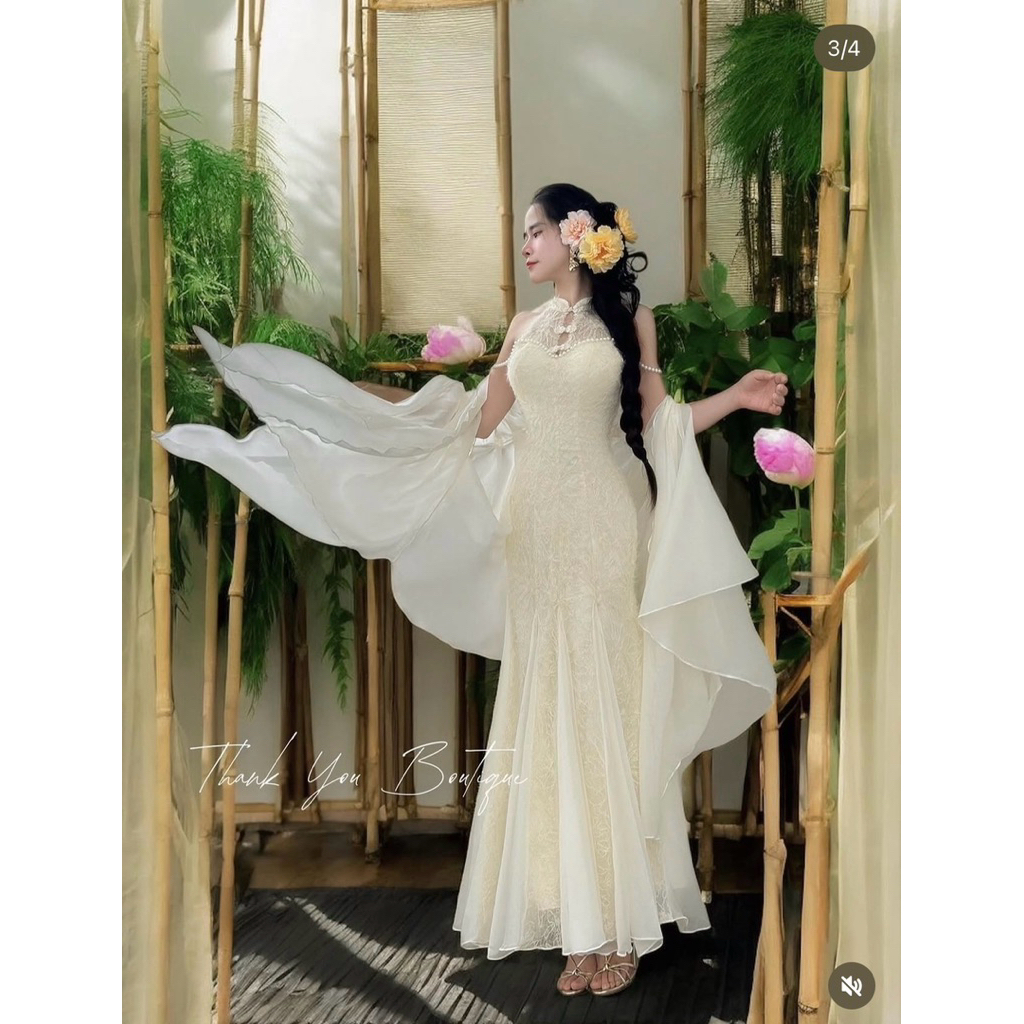 NEW| Váy thiết kế sườn xám lông vũ nhà Thanh Kiều tặng áo choàng | BigBuy360 - bigbuy360.vn