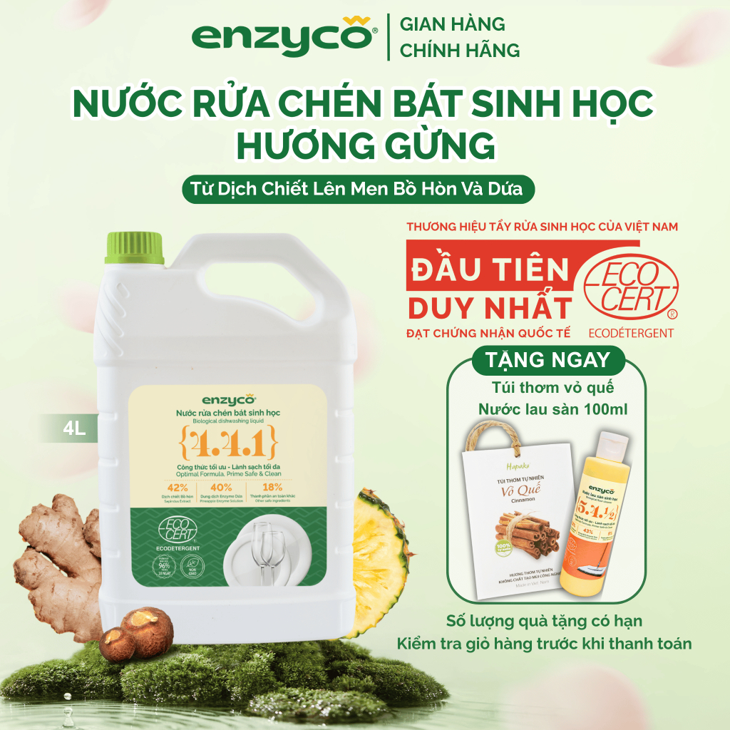 Nước Rửa Chén Bát ENZYCO Sinh Học Từ Bồ Hòn Và Dứa Đạt Chứng Nhận Ecodetergent-Ecocert 4L, An Toàn