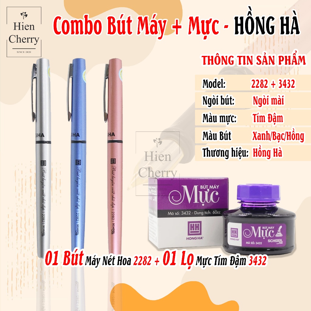 Combo Bút Máy Nét Hoa 2282, Lọ Mực Tím 3432 Chính Hãng Hồng Hà - Hiền Cherry's Shop