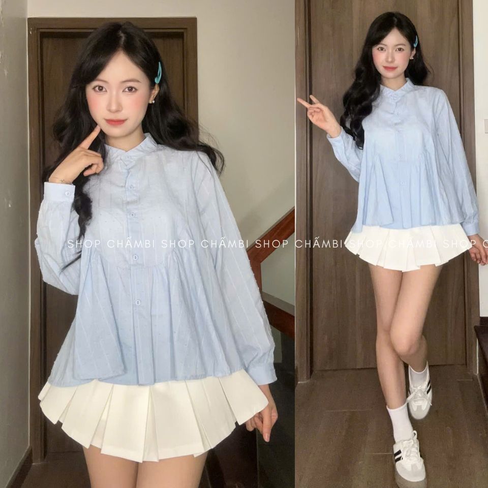 𝙏𝒉𝙖𝒐𝙫𝒊_𝑼𝙡𝒍𝙯𝒂𝙣𝒈// Áo sơ mi nữ A.830, Áo sơ mi cổ tròn tay dài bo nhẹ dáng babydoll phối cúc bọc vải thô boil Siêu HOTHIT | BigBuy360 - bigbuy360.vn
