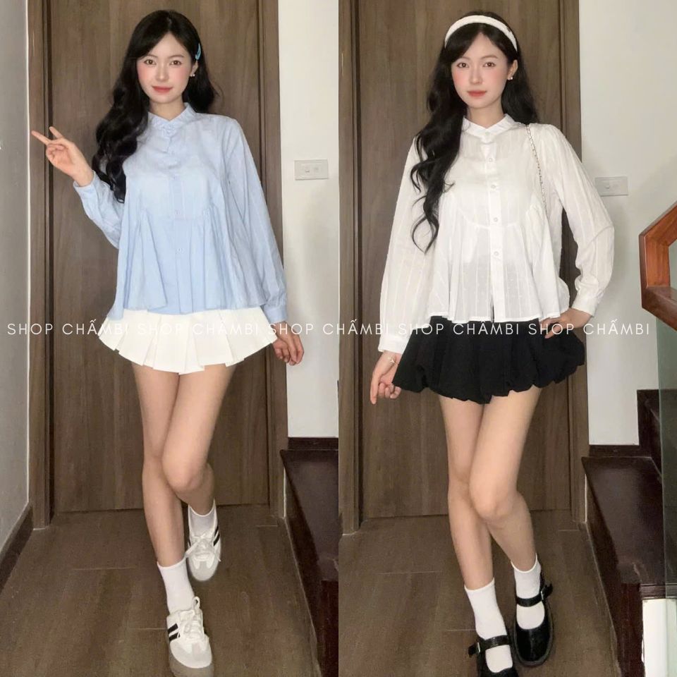 𝙏𝒉𝙖𝒐𝙫𝒊_𝑼𝙡𝒍𝙯𝒂𝙣𝒈// Áo sơ mi nữ A.830, Áo sơ mi cổ tròn tay dài bo nhẹ dáng babydoll phối cúc bọc vải thô boil Siêu HOTHIT | BigBuy360 - bigbuy360.vn