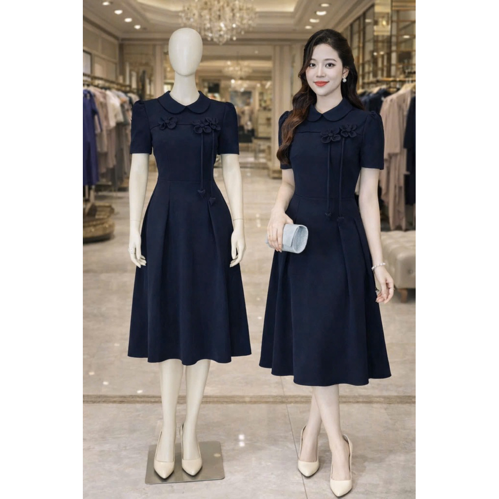 Đầm dự tiệc dáng dài xanh than, đầm công sở thanh lịch cổ sen sang trọng MeiHouse