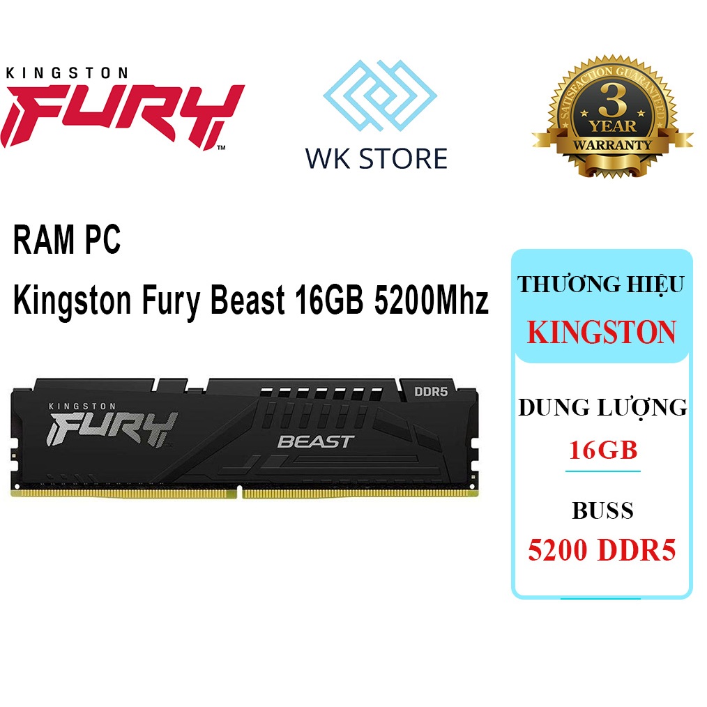 Ram Máy Mính Kingston Fury Beast 16GB (16GBx1) DDR5 5200Mhz (NK) Mới, Bảo Hành 36T