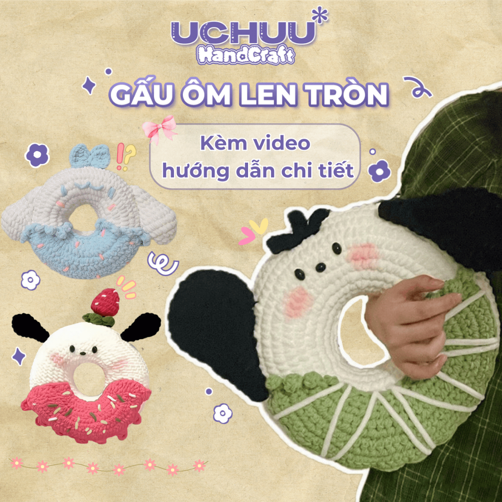 [Kèm Hướng Dẫn] Gấu Ôm Len Tròn Handmade UCHUU HANDCRAFT Set Móc Len Làm Gối Ôm Thú Hình Bánh Donut