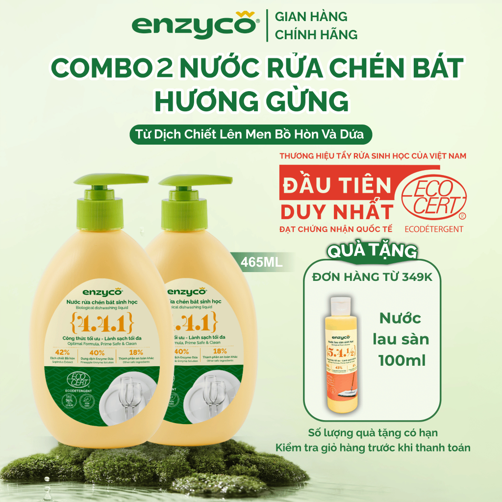 Combo 2 Nước Rửa Chén Bát Sinh Học 465ml ENZYCO Đạt Chứng Nhận ECODETERGENT-ECOCERT