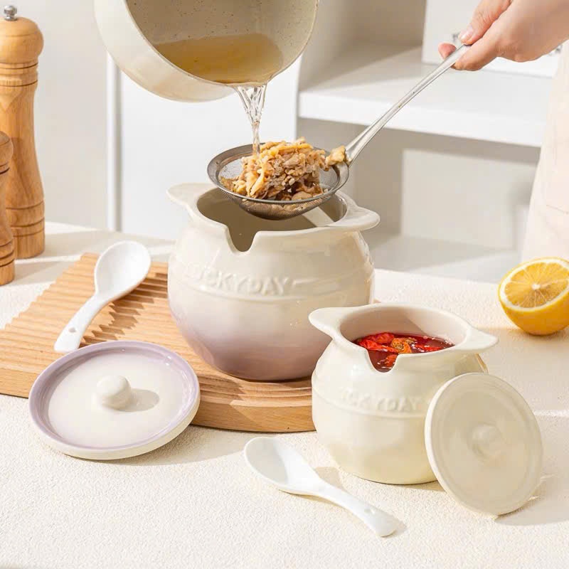 Hủ Đựng Mỡ, Hủ Gia Vị bằng Gốm sứ, có tay cầm, có kèm muỗng sứ dung tích 700-1200ml sang trọng