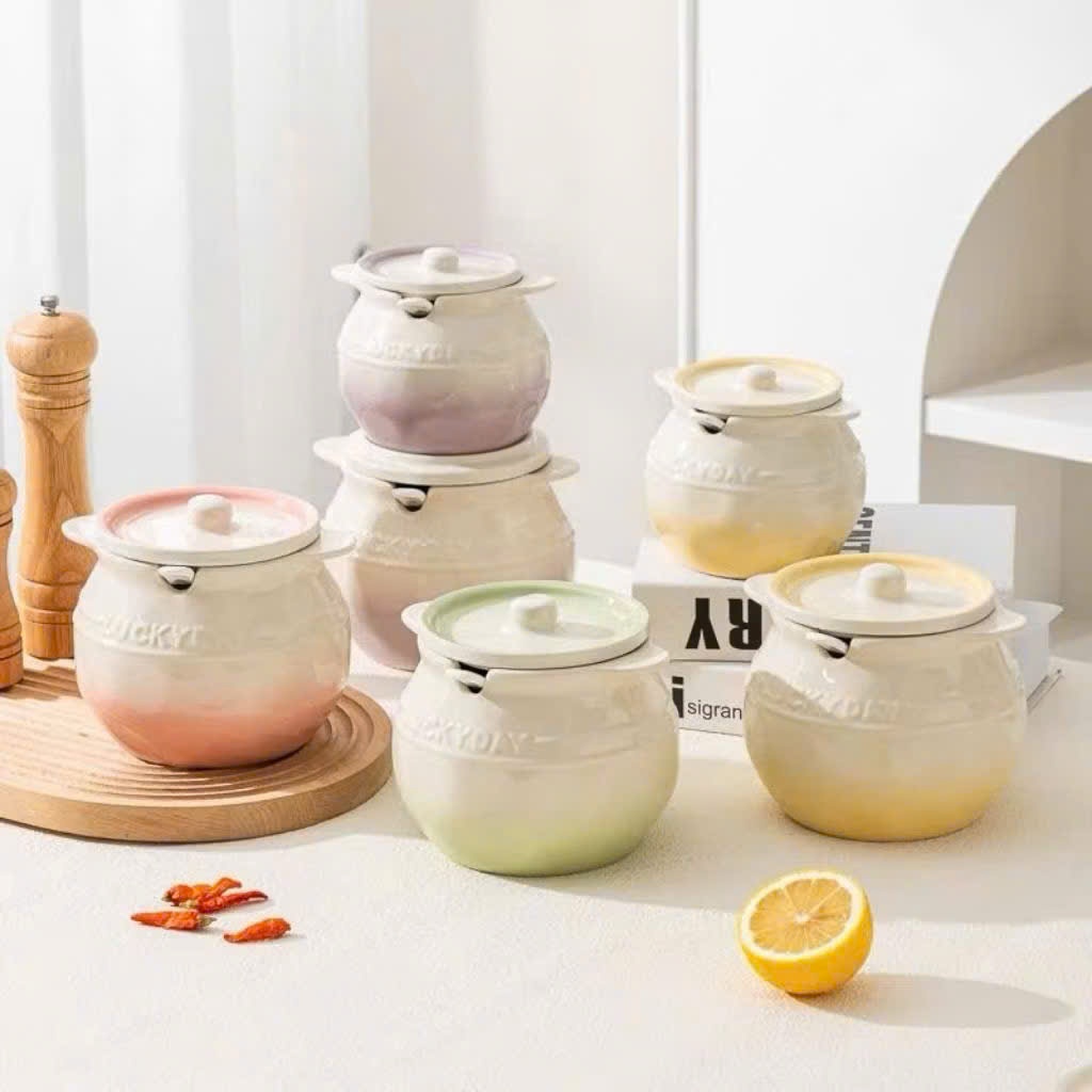 Hủ Đựng Mỡ, Hủ Gia Vị bằng Gốm sứ, có tay cầm, có kèm muỗng sứ dung tích 700-1200ml sang trọng