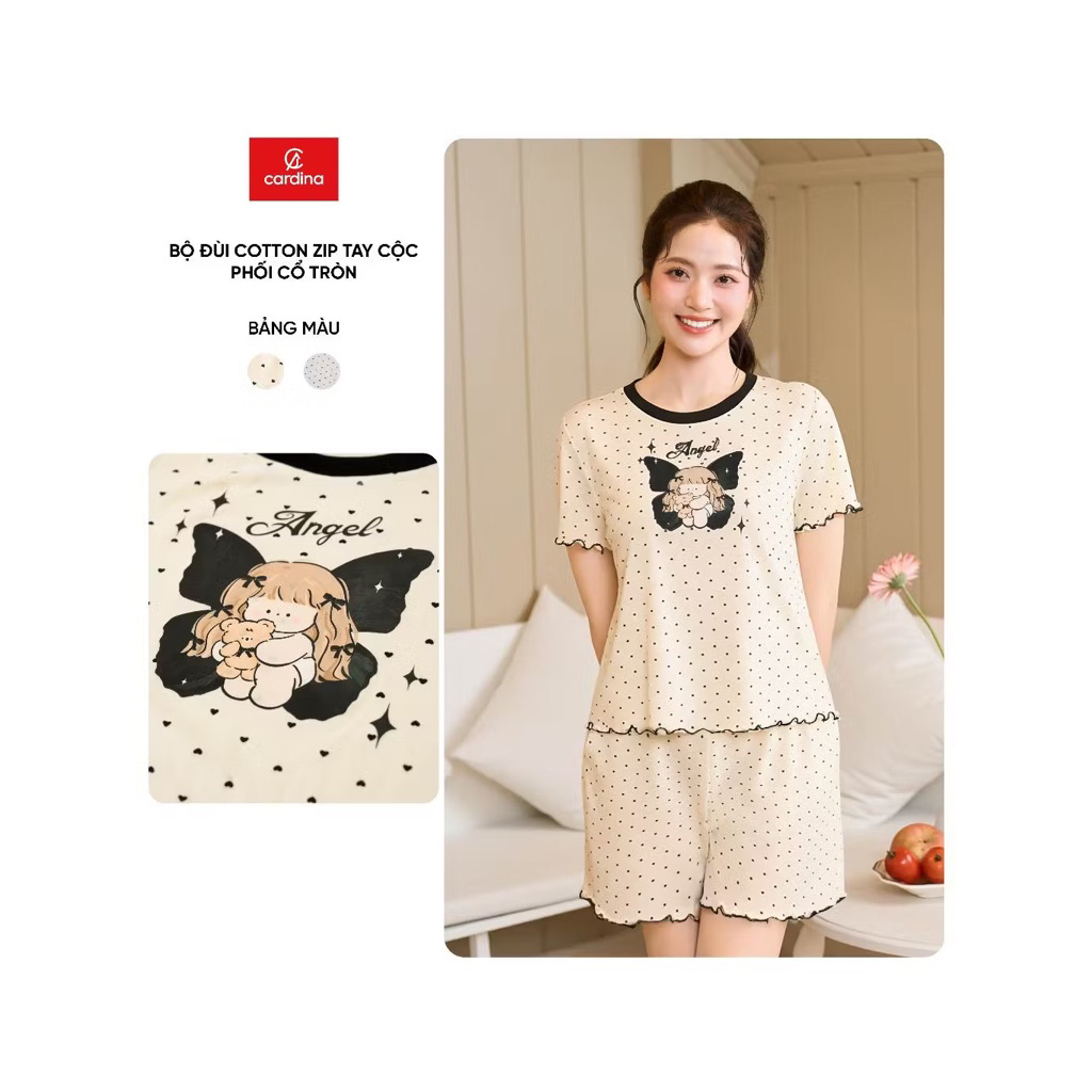 6BCN06 Đồ bộ nữ CARDINA chất cotton zip cổ tròn tay cộc và quần đùi 6BCN06