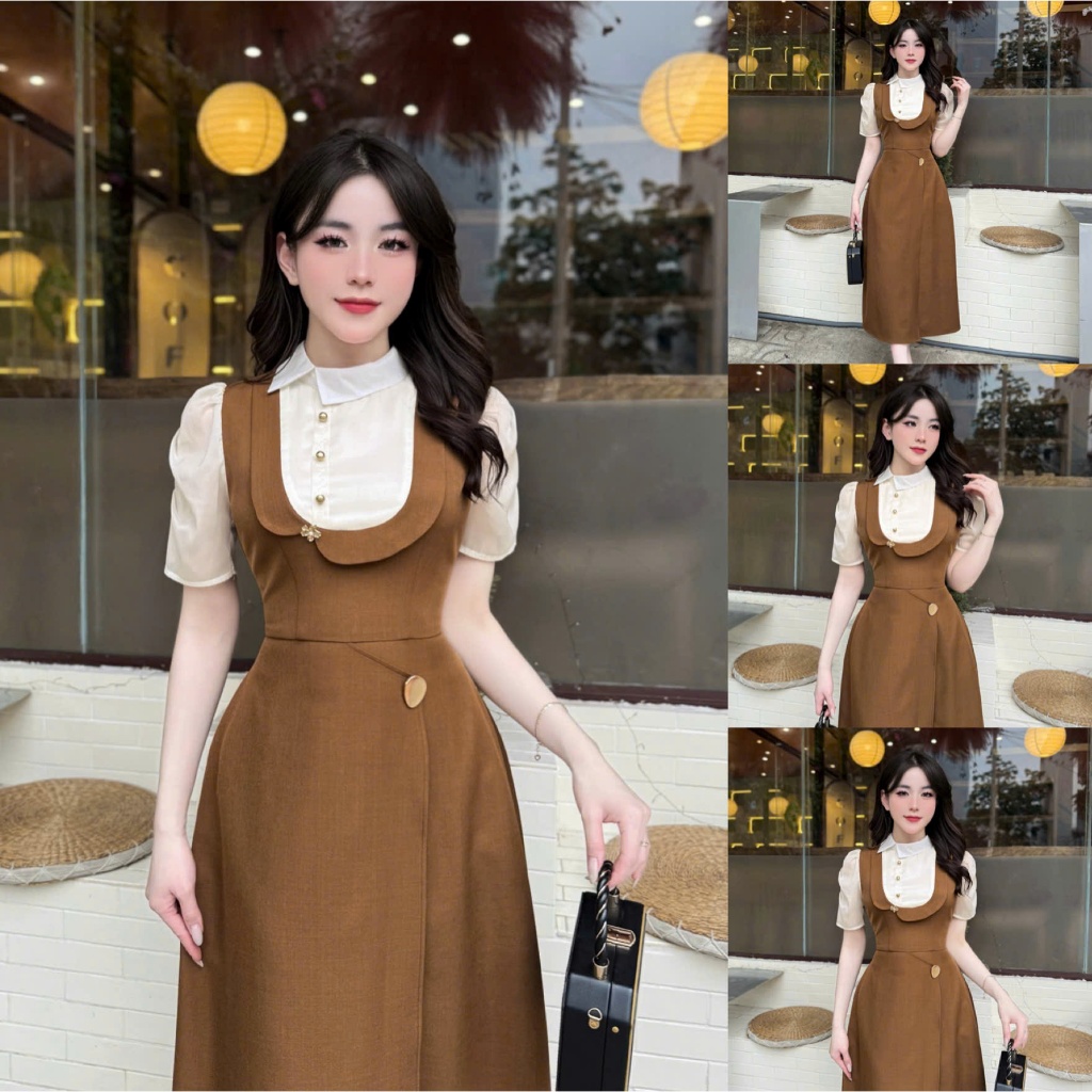 2VK298 -  Váy Thiết Kế Eviici dành cho nữ, thiết kế cổ bẻ bất đối xứng phối tơ, dáng A dài