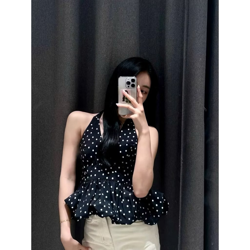 Áo Yếm Chấm Bi Cột Dây Cổ Lưng Bo Chun Form Bí Xoè, Áo Kiểu Nữ | BigBuy360 - bigbuy360.vn