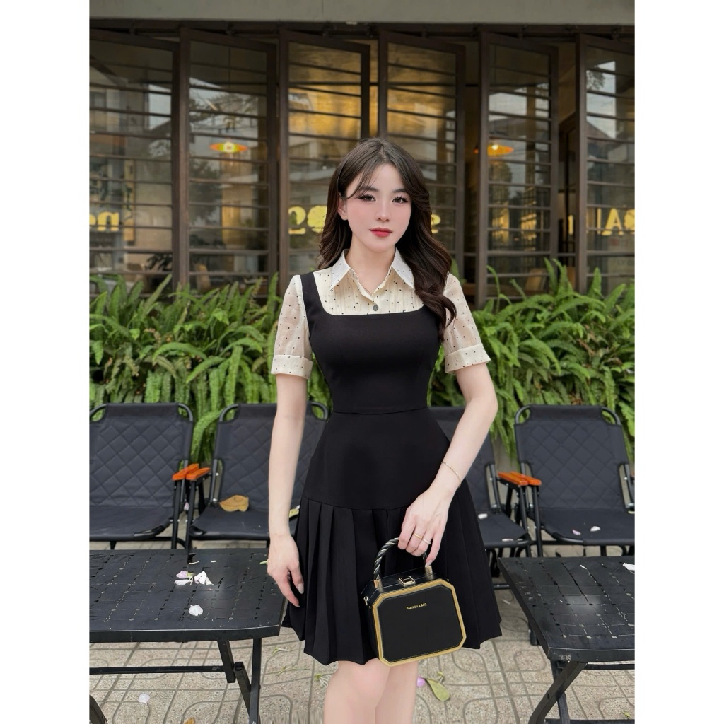2VK300 - Váy Thiết Kế Evii dành cho nữ thiết kế cổ đức phối tơ chấm bi, dáng A xếp ly xòe ngắn