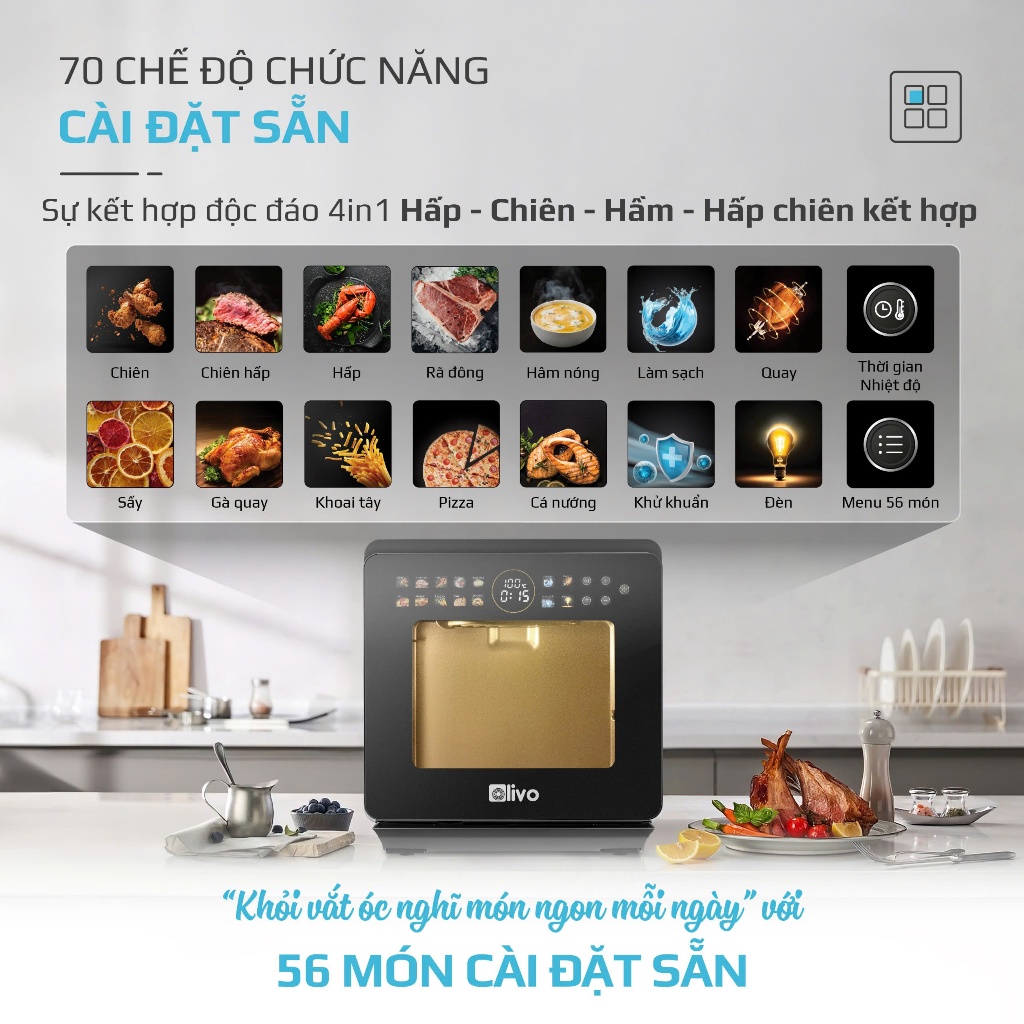 (hỏa tốc) Nồi Chiên Hơi Nước OLIVO SF1600 Bảo Hành 24 Tháng Màn Hình OLED