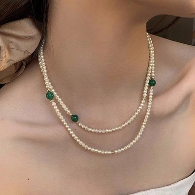 Dây Chuyền Ngọc Trai 3ly Dài 108cm Mix Đá Mã Não Xanh Kiểu Dáng Hiện Đại - Ngọc Trai Trường Thịnh