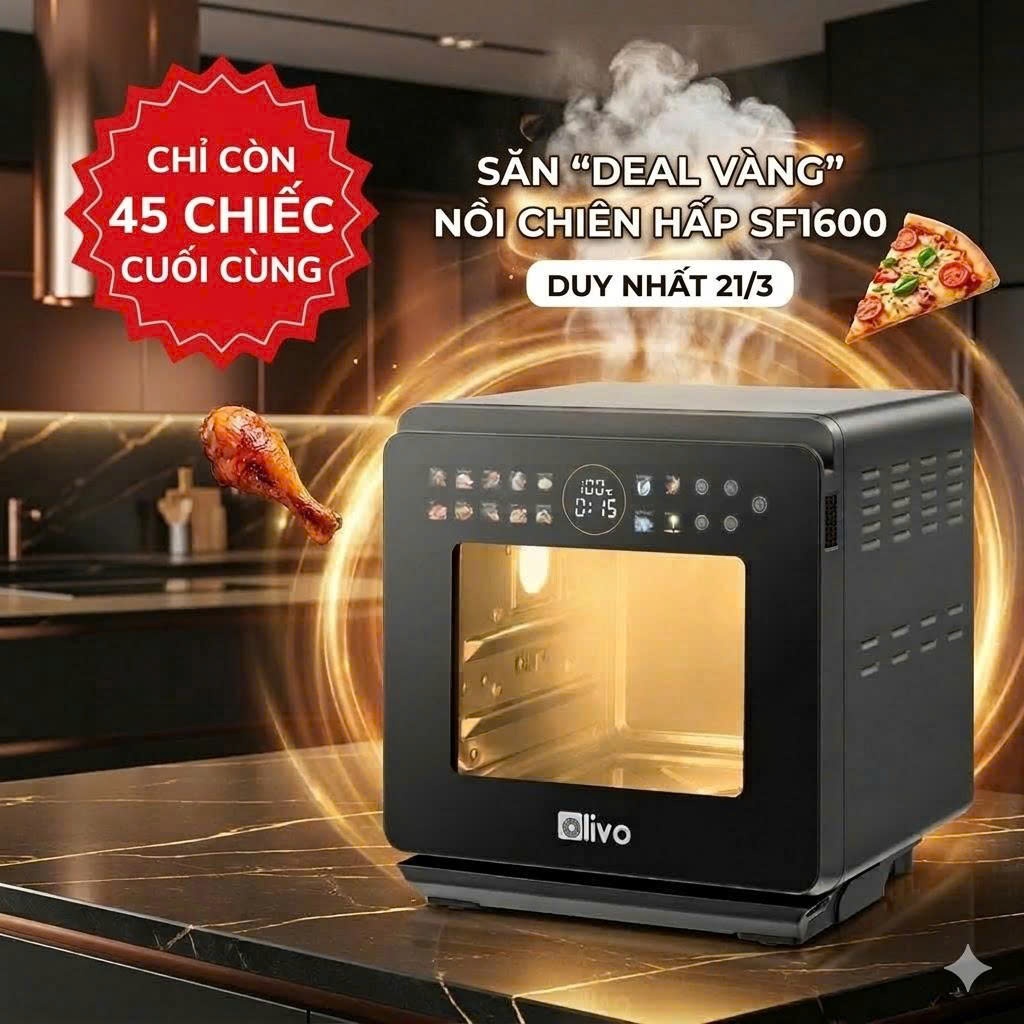 Nồi Chiên Hơi Nước OLIVO SF1600 16L – Màn Hình Cảm Ứng OLED, Công nghệ hấp Nano Steam