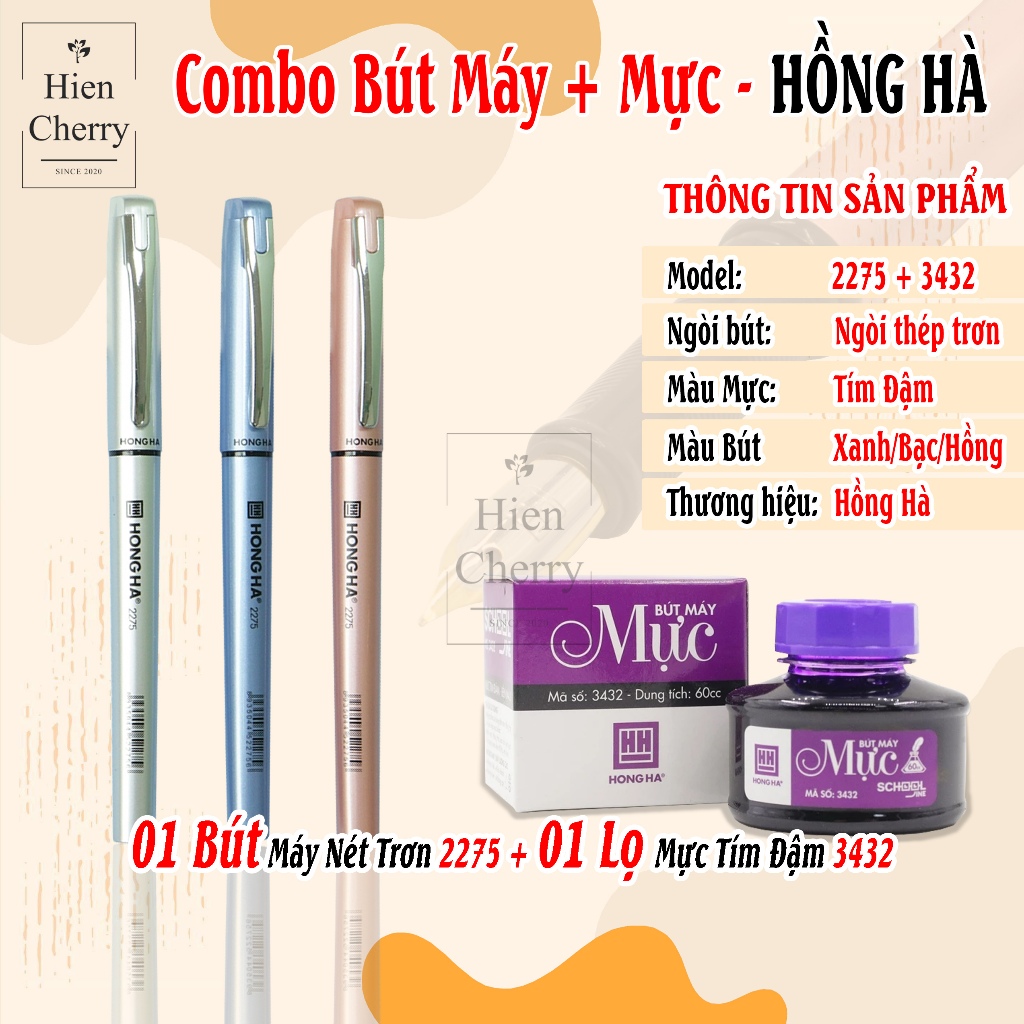 Combo Bút Máy Nét Trơn 2275, Lọ Mực Tím 3432 Chính Hãng Hồng Hà - Hiền Cherry's Shop