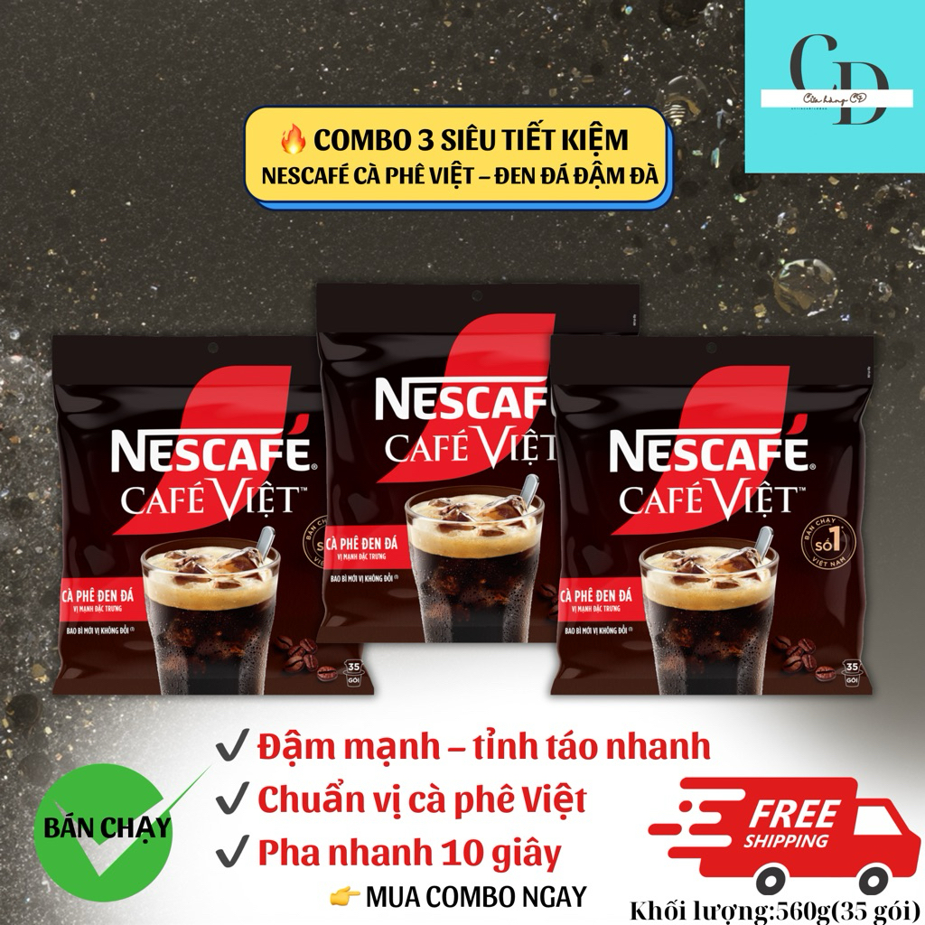 Combo 3 Bịch Nescafé Cafe Việt 35 Gói x 16g – Cà Phê Đen Hòa Tan NESCAFÉ Date Mới