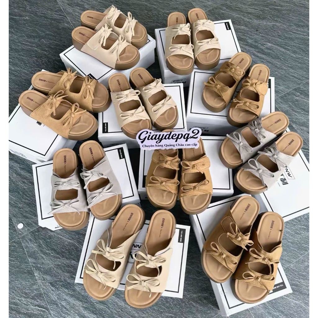 Dép bánh mỳ độn đế 5cm chất da lộn đính nơ siêu xinh hàng chuẩn qccc Fullbox mã A2602