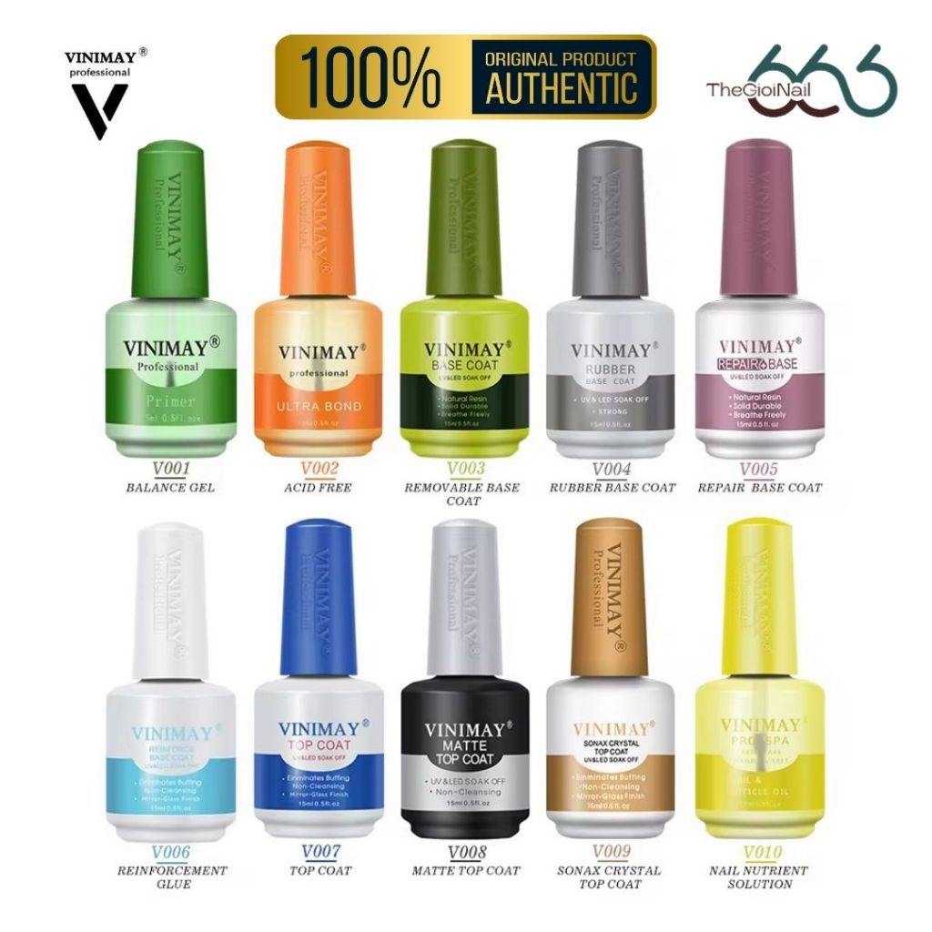 Trọn Bộ Gel Nail VINIMAY Chính Hãng – Base, Top, Top Nhám, Cứng Móng Chuẩn Salon Dành Cho Thợ Nail C