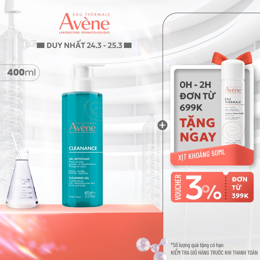Gel rửa mặt cho da dầu mụn Eau Thermale Avène CLEANANCE Cleansing Gel làm sạch sâu bụi bẩn, giảm bã nhờn 400ML