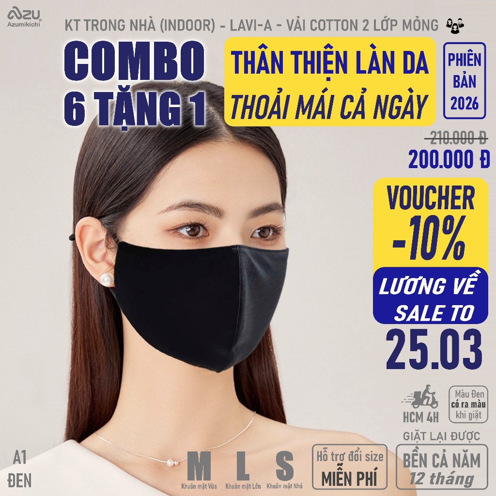 Khẩu trang vải 3D 2 lớp màu đen thoáng khí êm tai chính hãng Azumikichi giặt lại được - A1