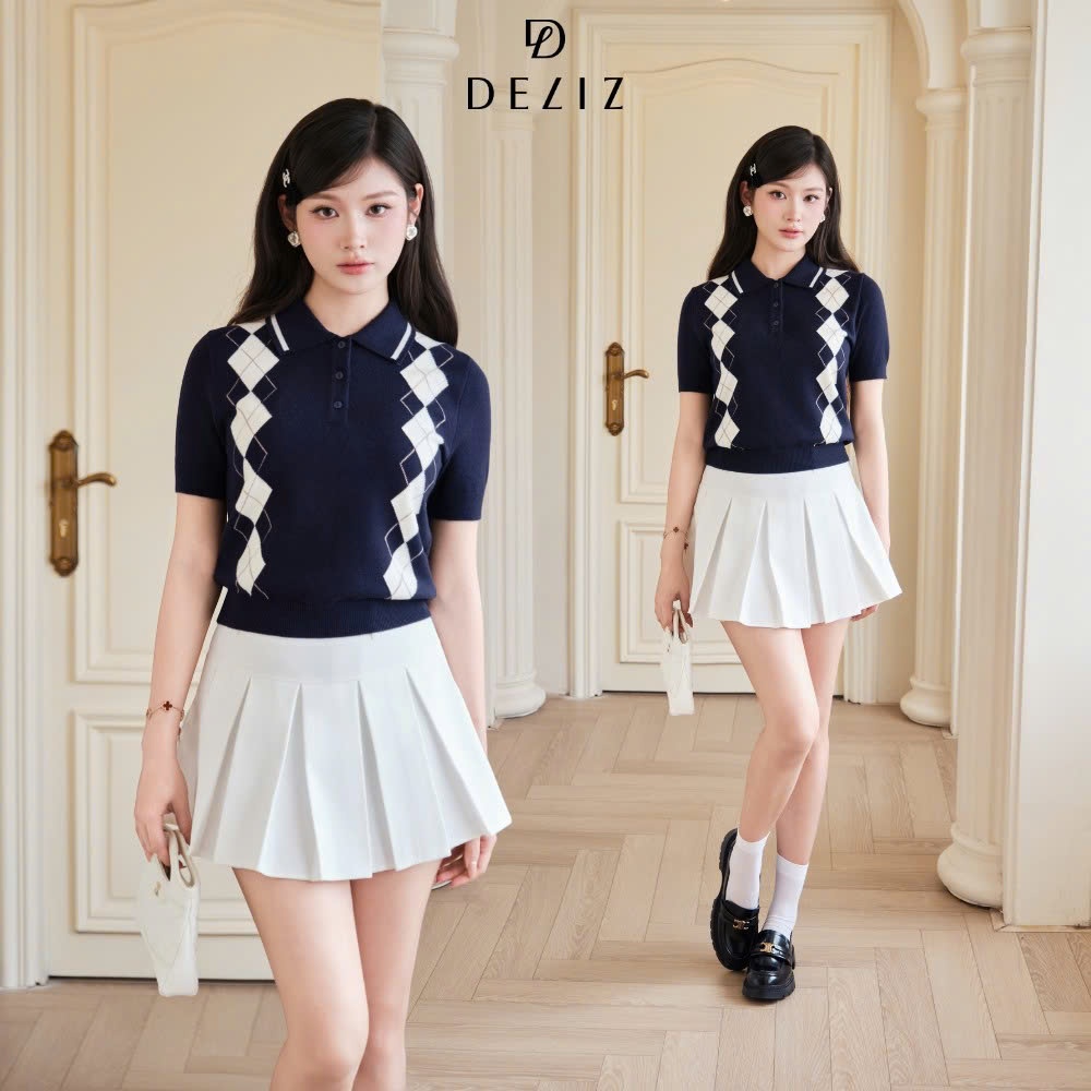 (BTS MỚI DELIZ 2026) Áo len nữ cộc tay cổ polo phối line dệt hoạ tiết ô trám mặc mùa hè DELIZ PL303