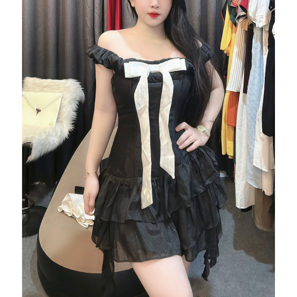 Váy tiệc bẹt vai tua rua size M Chibest