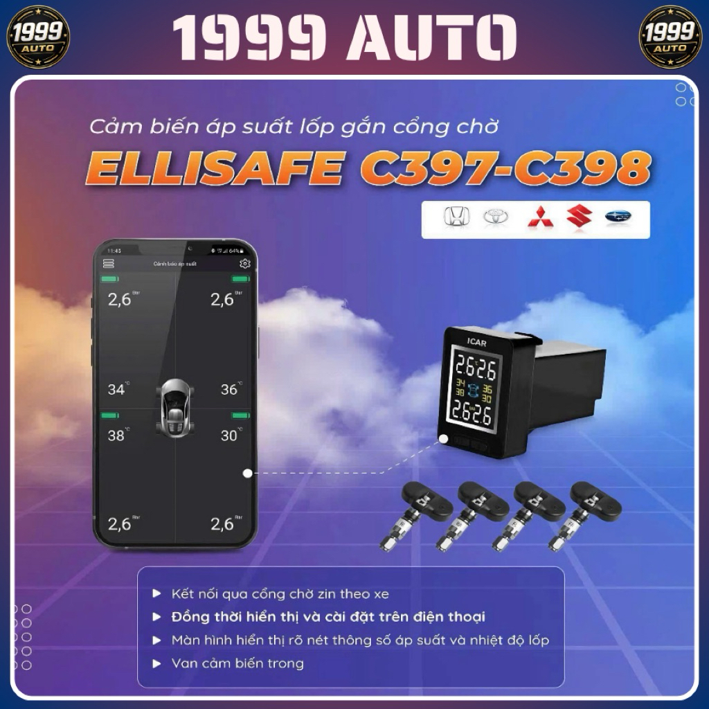 ICAR C397 C398 C399 - Cảm biến áp suất lốp van trong, gắn lỗ chờ cho các dòng xe(bảo hành 3 năm)
