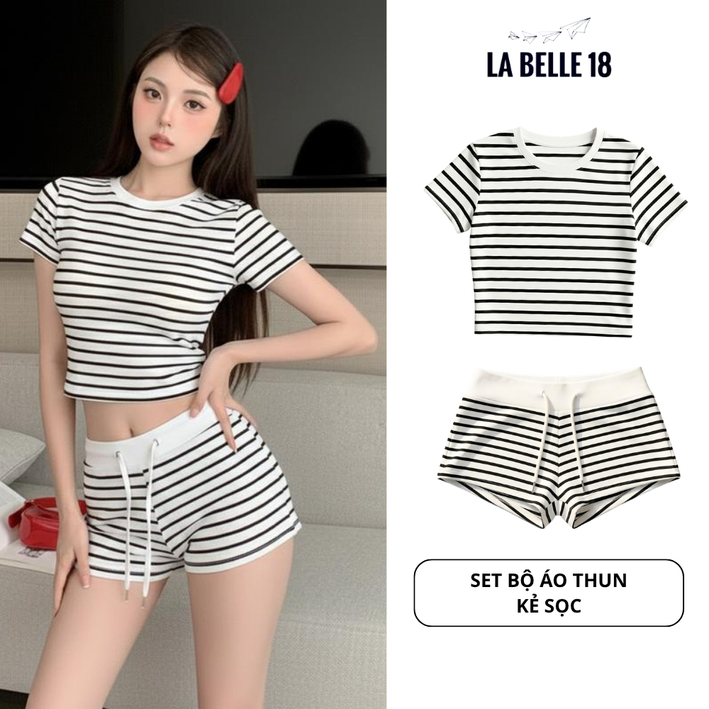 SET Áo Thun Nữ Kẻ Sọc Phối Quần Ngắn Dáng Ôm Kiểu Năng Động La_belle_18 | BigBuy360 - bigbuy360.vn