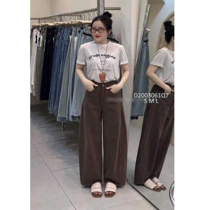 Quần jean thụng dài nâu lưng cao TOMBI SHOP