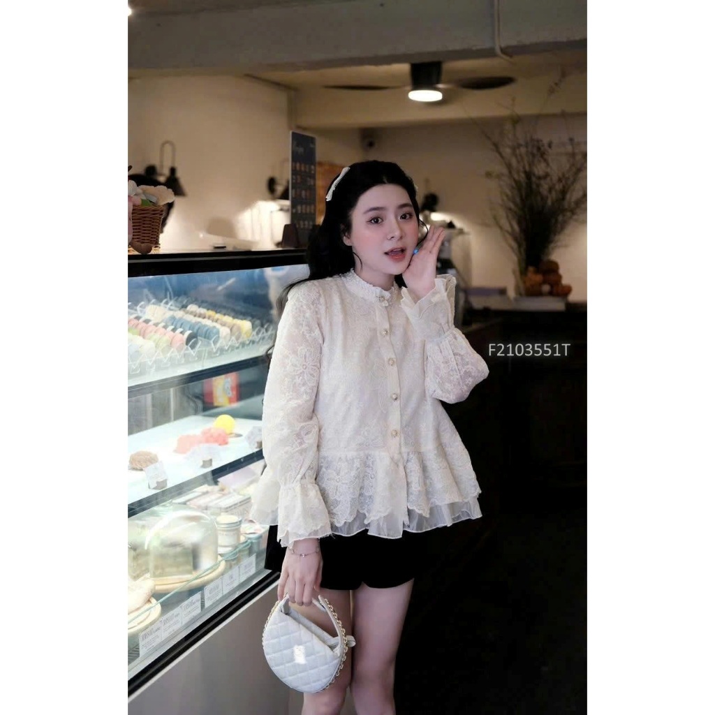 Áo kiểu babydoll ren bèo tay dài TOMBI SHOP