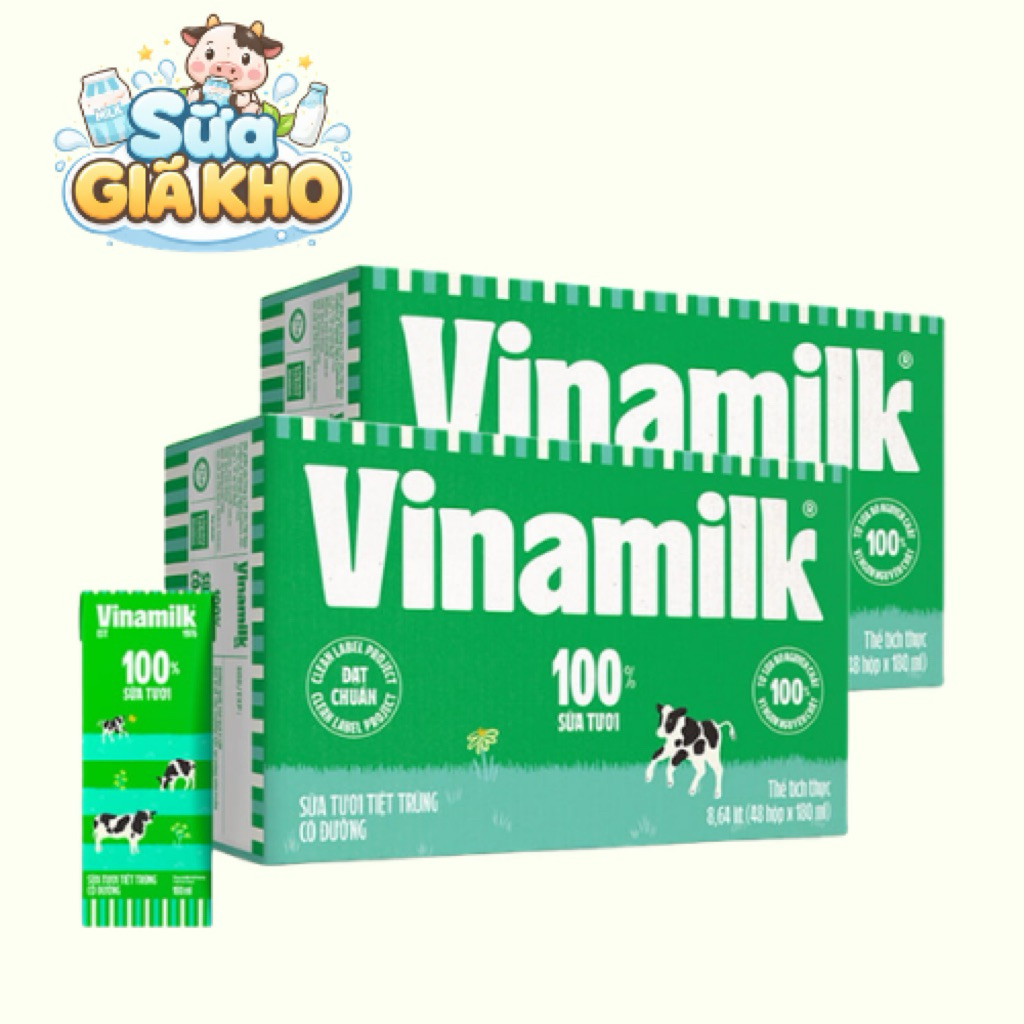VINAMILK - Thùng 48 hộp 180ml sữa tươi tiệt trùng CÓ ĐƯỜNG Vinamilk