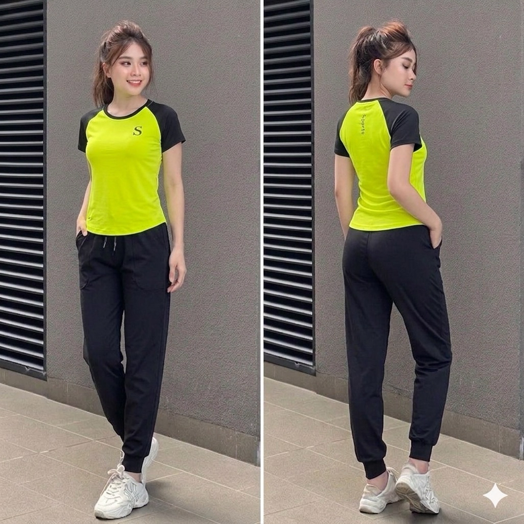Bộ Đồ Tập Thể Thao Nữ MILAVY Quần Jogger Vải Dù Túi Trước Kèm Áo Thun Sport Mix Màu Tay Ngắn