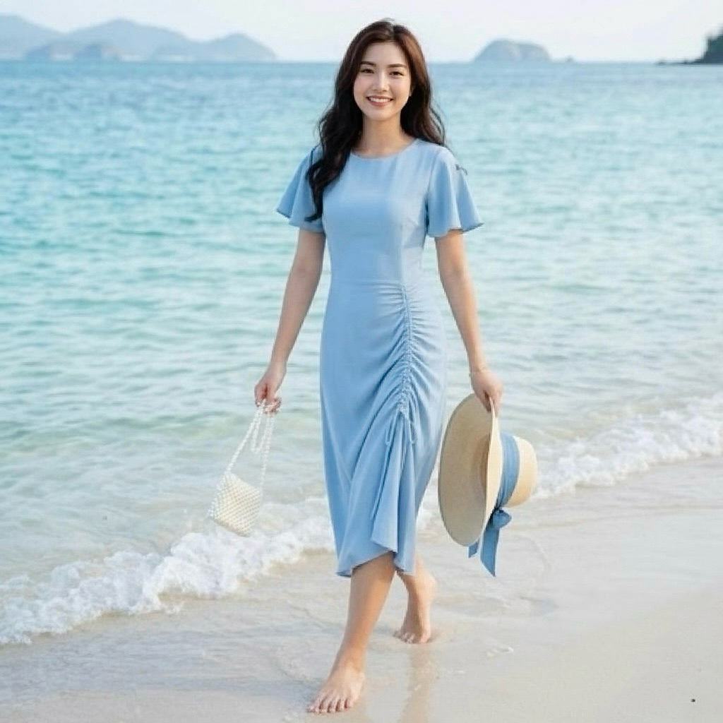 Đầm maxi blue tùng rút dây, váy du lịch dạo phố (kèm hình thật)