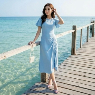 Đầm maxi blue tùng rút dây, váy du lịch dạo phố (kèm hình thật)