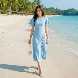 Đầm maxi blue tùng rút dây, váy du lịch dạo phố (kèm hình thật)