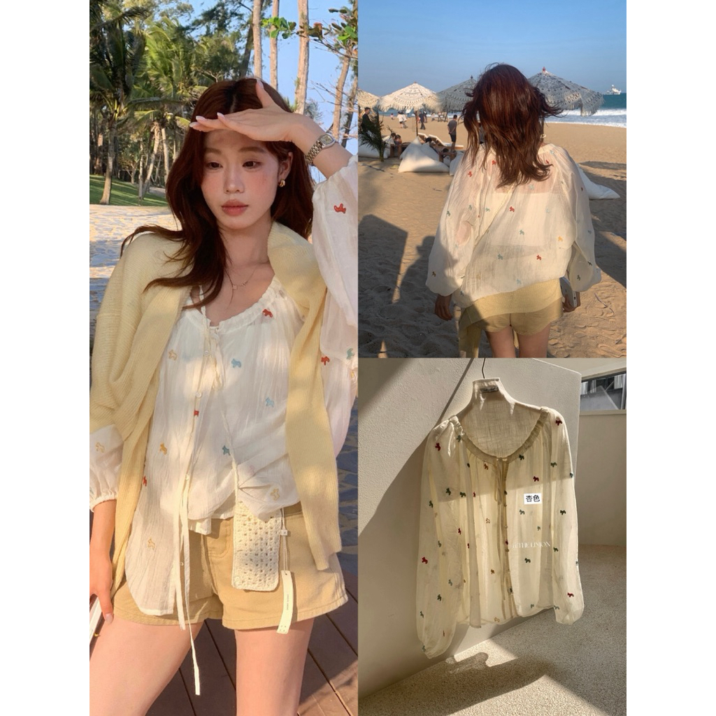 𝐢𝐦𝐜𝐡𝐢𝐜.𝟐𝟐𝐬 | Áo Sơ Mi BabyDoll Ngựa Thêu Chất Voan Tơ Óng The Limon Phong Cách Hàn Quốc Thời Trang N