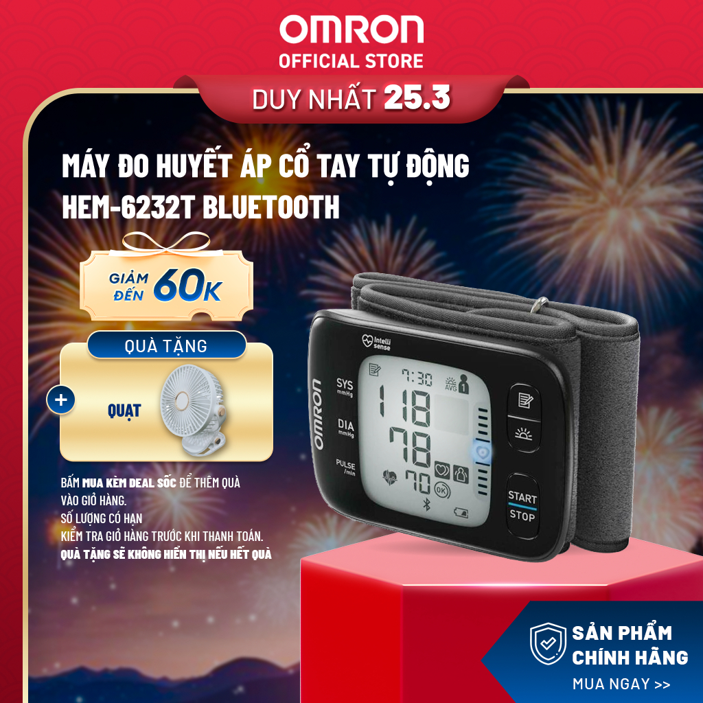 Máy Đo Huyết Áp Cổ Tay Tự Động OMRON HEM-6232T Bluetooth