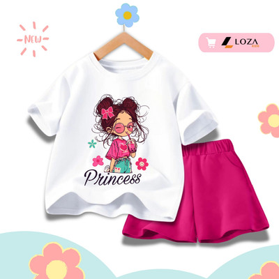 Set đồ bé gái (áo thun+quần đùi) cotton in hình CÔ GÁI PRINCESS- Đồ bộ bé gái LOZA cho bé cân nặng từ 15-45kg- SB617