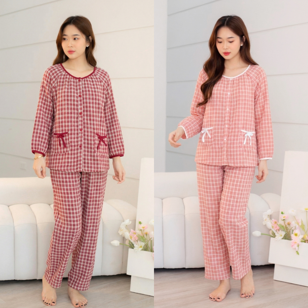 Đồ bộ pijama nhà Lila dài tay áo quần có túi kẻ caro cao cấp mềm mịn, mát khi mặc
