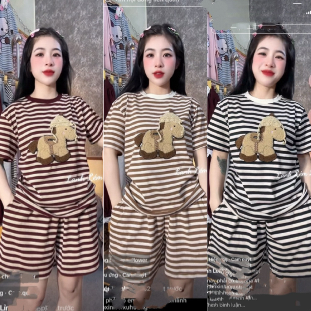 Set Bộ Nữ, Set Bộ Kẻ Cotton Zip Thêu Hình Ngựa Nổi