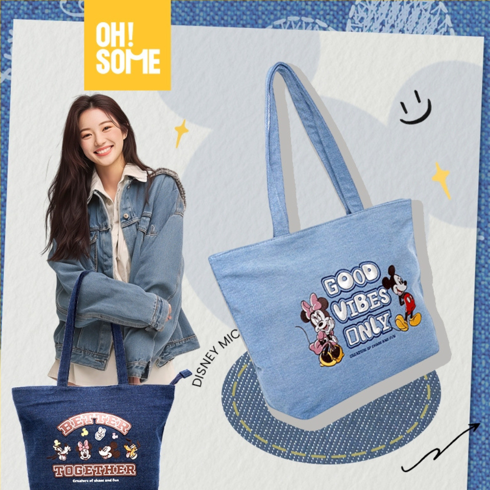 【OHSOME x Disney】- Túi tote đeo vai jean Disney chất denim dày dặn màu xanh nhạt hình chuột Mickey &