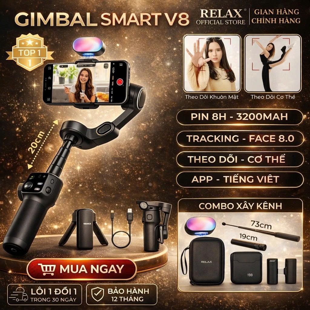 Gimbal AI Smart V8 – Gậy chống rung 3 trục, xoay 360, quay livestream bán hàng chuyên nghiệp 2026