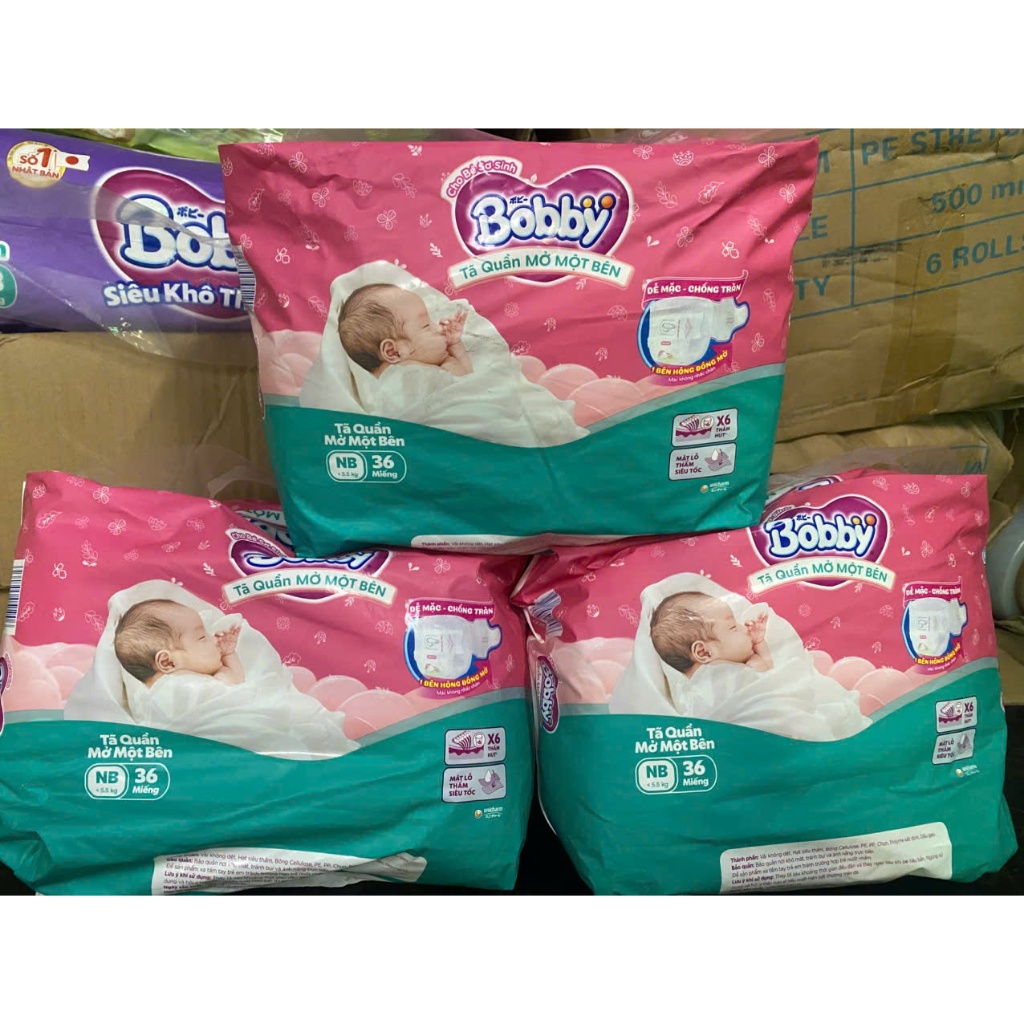 (108 miếng) Combo 3 bịch NB36 tổng108 miếng tã quần mở 1 bên Bobby NB dưói 5,5kg