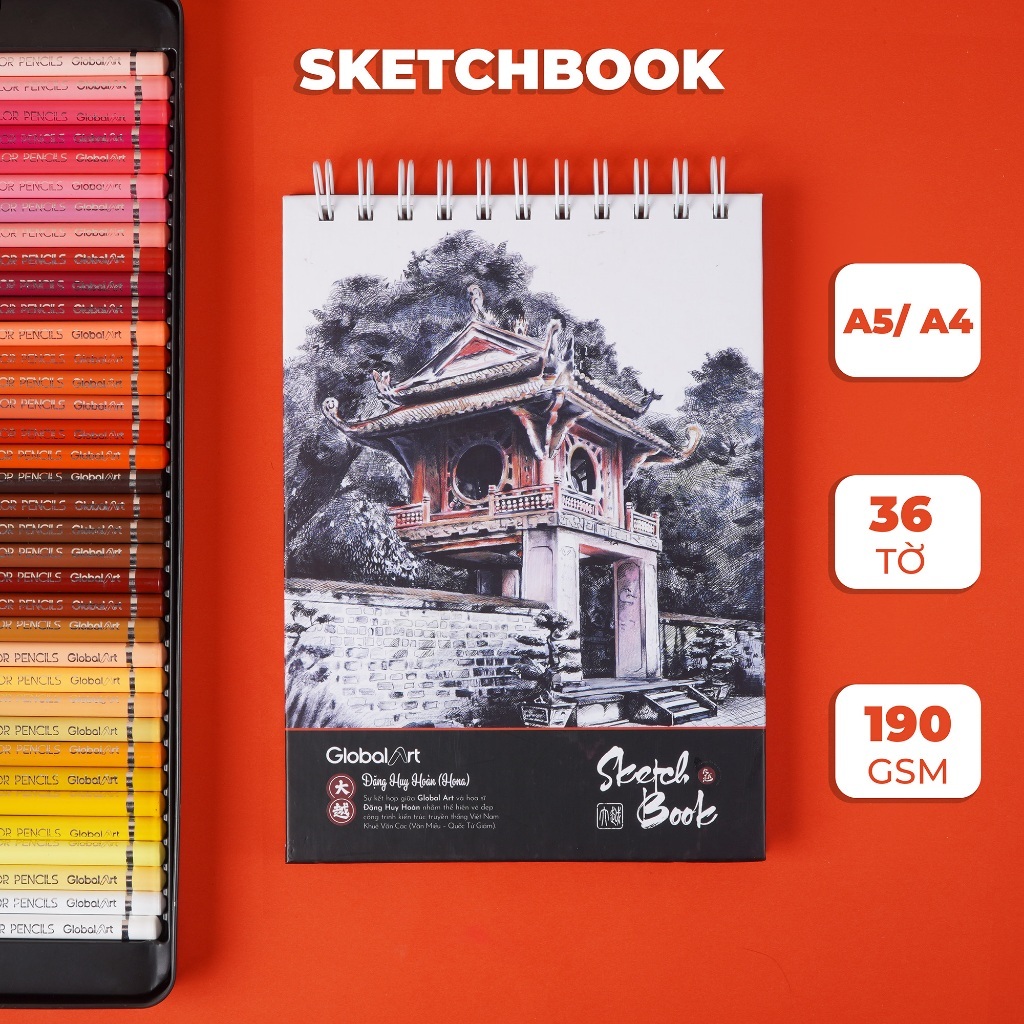 (TẶNG CHÌ) SỔ VẼ GLOBAL ART 190gsm 72 TRANG, SKETCHBOOK THĂNG LONG QUỐC GIÁM VÂN MỊN, KHÔNG KỴ TẨY
