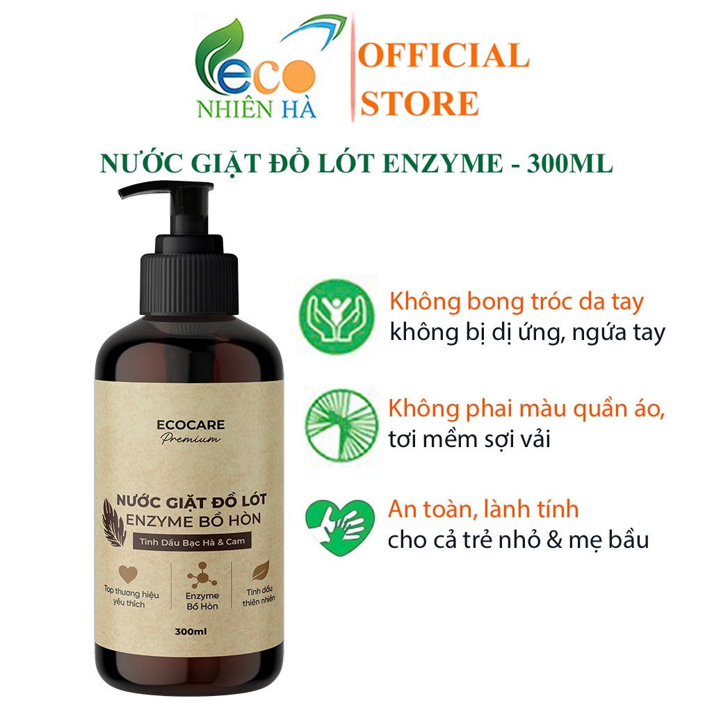 Nước giặt đồ lót enzyme bồ hòn ECOCARE 300ml tinh dầu bạc hà cam, tẩy ố, khử khuẩn, an toàn mẹ bầu
