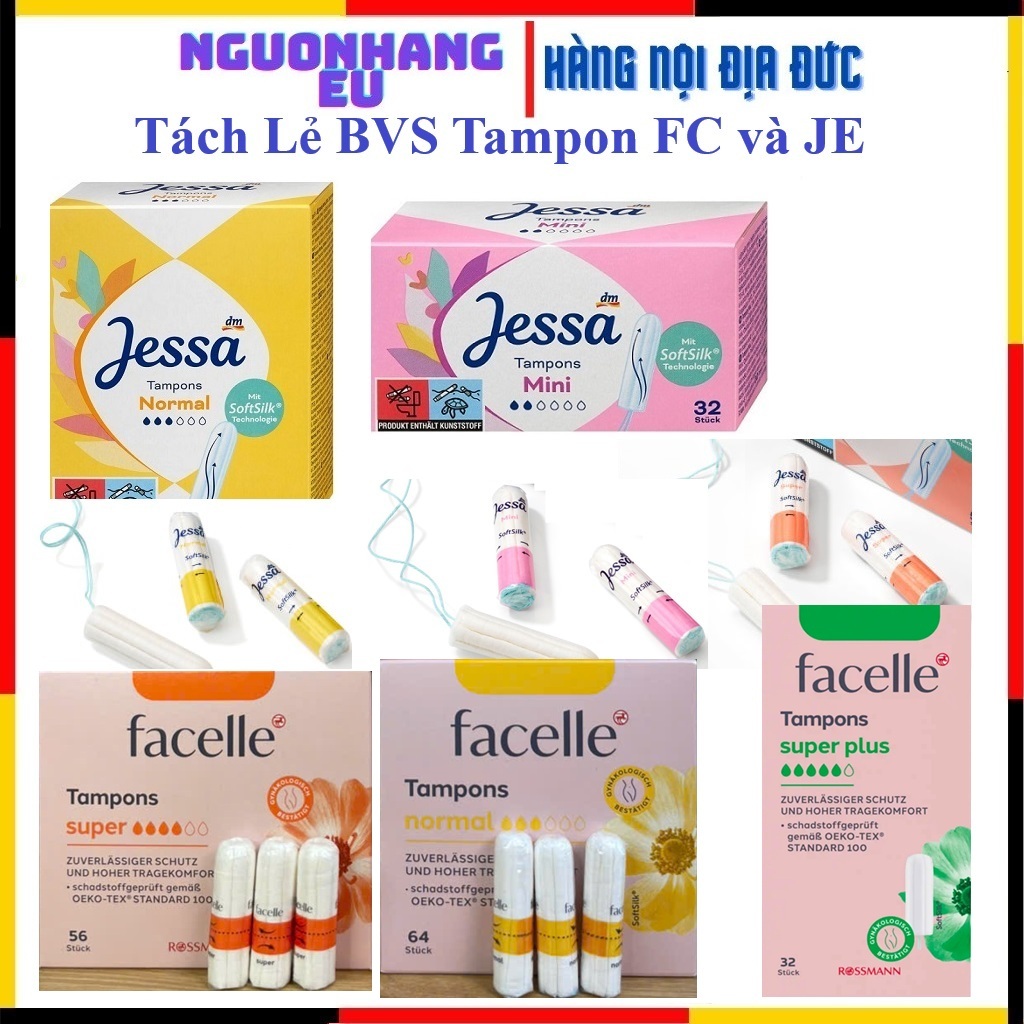 (Tách Bán lẻ)Tampon Jessa/Facelle  nội địa Đức đủ size date 2030- Băng vệ sinh dạng nút