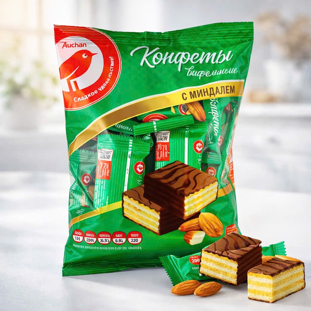 Bánh xốp Auchan Red Bird nhân đậu phộng và hạnh nhân 200G Nga ( giao ngẫu nhiên)
