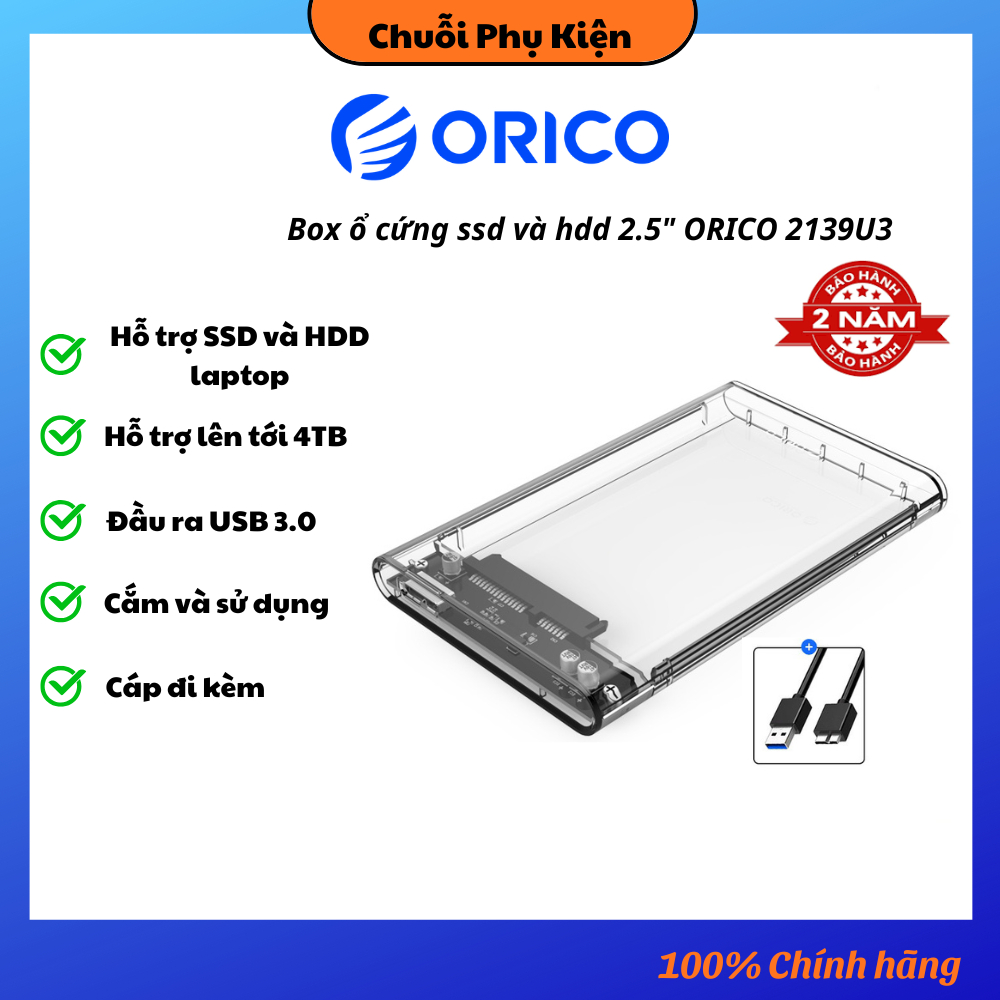 Box ssd Orico 2139U3 hỗ trợ SSD và HDD 2.5" sẵn cáp đi kèm - hàng chính hãng