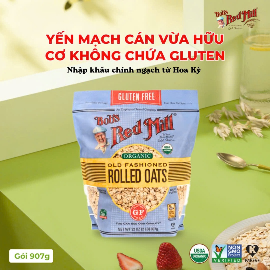 Yến mạch hữu cơ cán vừa Gluten Free Bob's Red Mill Organic Old Fashioned Rolled Oats 907gr